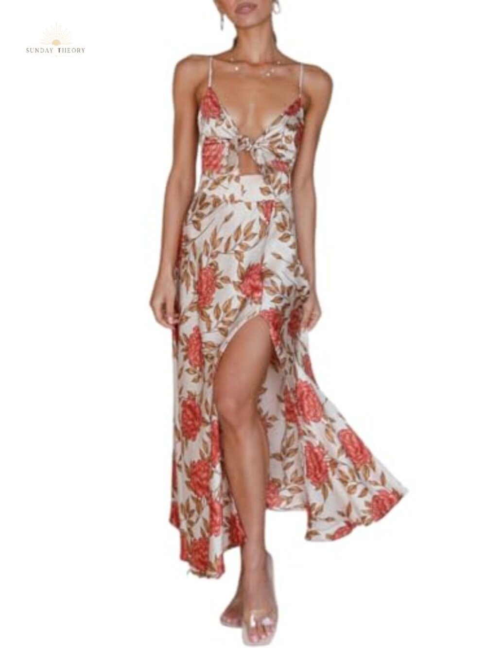 Satin Midi Dress Spaghetti Strap Tie Front Slit Cutout V-Neck Flowy A-Line